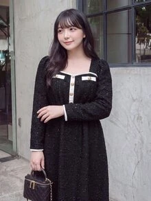 Bijouette Plus Size Elegant Exquisite Button Detail Shimmer Long Sleeve Dress - Black and White - View 2