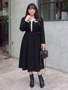 Bijouette Plus Size Elegant Exquisite Button Detail Shimmer Long Sleeve Dress - Black and White - View 4