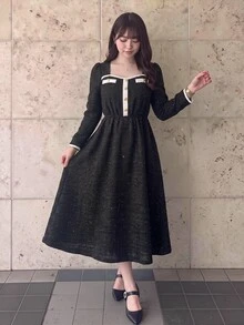 Bijouette Plus Size Elegant Exquisite Button Detail Shimmer Long Sleeve Dress - Black and White - View 12