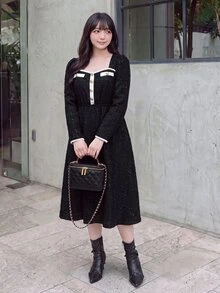 Bijouette Plus Size Elegant Exquisite Button Detail Shimmer Long Sleeve Dress - Black and White - View 9