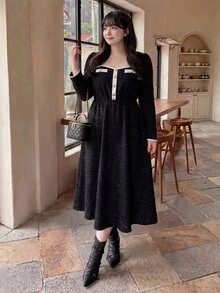 Bijouette Plus Size Elegant Exquisite Button Detail Shimmer Long Sleeve Dress - Black and White - View 5
