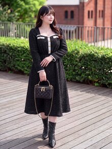 Bijouette Plus Size Elegant Exquisite Button Detail Shimmer Long Sleeve Dress - Black and White - View 7