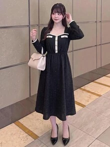 Bijouette Plus Size Elegant Exquisite Button Detail Shimmer Long Sleeve Dress - Black and White - View 10