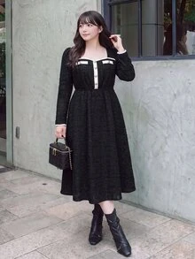 Bijouette Plus Size Elegant Exquisite Button Detail Shimmer Long Sleeve Dress - Black and White - View 8