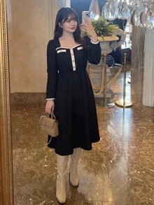 Bijouette Plus Size Elegant Exquisite Button Detail Shimmer Long Sleeve Dress - Black and White - View 11
