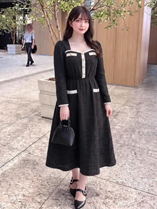 Bijouette Plus Size Elegant Exquisite Button Detail Shimmer Long Sleeve Dress - Black and White - View 13
