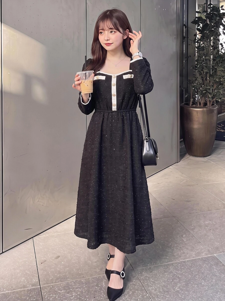 Bijouette Plus Size Elegant Exquisite Button Detail Shimmer Long Sleeve Dress - Black and White - View 1