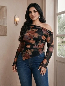 Modelyn Plus Size Elegant Sexy Floral Print Asymmetrical T-Shirt Brunch Clubbing Black Autumn Fall Date Night Cocktail - Black - View 2