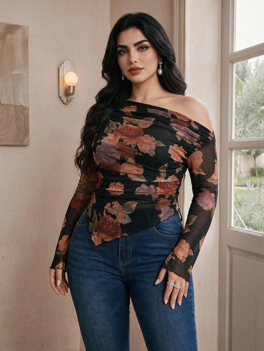 Modelyn Plus Size Elegant Sexy Floral Print Asymmetrical T-Shirt Brunch Clubbing Black Autumn Fall Date Night Cocktail