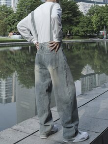 Claim Dot 男式纯色厚肩带口袋无袖休闲牛仔连体裤和背带裤 - 淺色水洗藍 - 查看 6