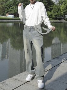 Claim Dot 男式纯色厚肩带口袋无袖休闲牛仔连体裤和背带裤 - 淺色水洗藍 - 查看 4