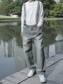 Claim Dot 男式纯色厚肩带口袋无袖休闲牛仔连体裤和背带裤 - 淺色水洗藍 - 查看 5
