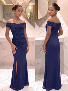SHEIN Pitira Tween Girl Cold Shoulder Ruched Criss-Cross Hem Slit Fishtail Deep Blue Dress Elegant Holiday Party - Navy Blue - View 7