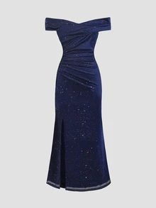 SHEIN Pitira Tween Girl Cold Shoulder Ruched Criss-Cross Hem Slit Fishtail Deep Blue Dress Elegant Holiday Party - Navy Blue - View 3