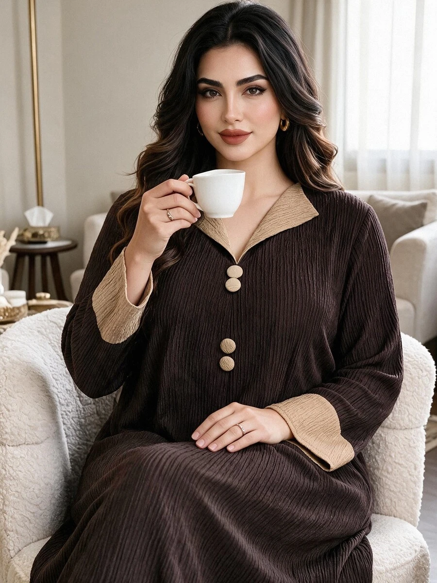 Al Najma فستان عربي كاجوال للحفلات والسفر بتصميم كتل لونية للنساء مقاس كبير - قهوة بني - مشاهدة 1