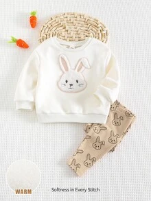 Cozy Pixies Baby Girl Cartoon Rabbit Pattern Knitted Soft Round Neck Long Sleeve Drop Shoulder Sweatshirt And Long Pants 2 Pieces Set - Multicolor - View 1
