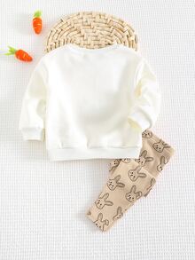 Cozy Pixies Baby Girl Cartoon Rabbit Pattern Knitted Soft Round Neck Long Sleeve Drop Shoulder Sweatshirt And Long Pants 2 Pieces Set - Multicolor - View 2