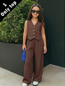 SHEIN Tween Girls' Casual Straight Leg Pants, Suitable For Summer - Brown - View 1