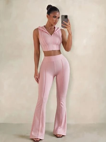 Sirith Women's Pink High Elastic Fabric Sports Set, Hooded Sleeveless Zipper Short Top And High Waist 3D Stitching Flare Pants 2 Pieces Set - Pink - View 6