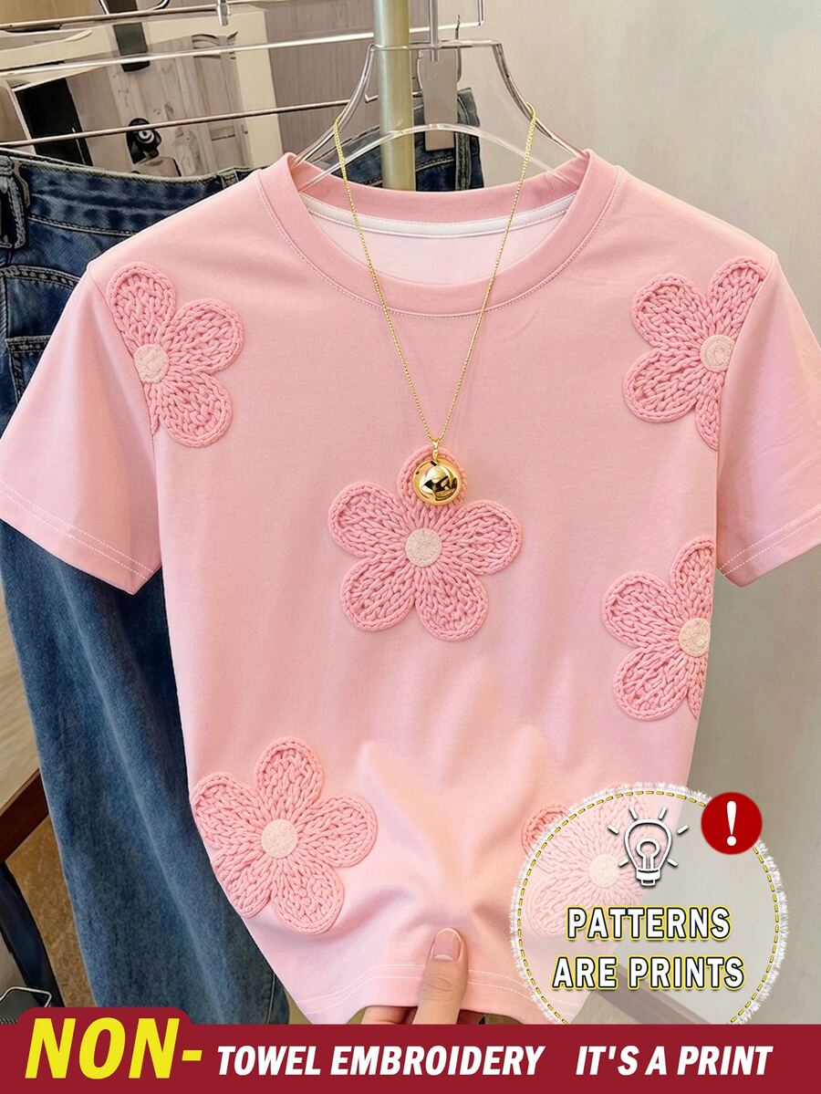 SHEIN 少女 T-shirt 女孩上衣，仿刺繡、串珠與豹紋設計，腮紅粉花卉寬鬆版型，適合學校假期夏季，可愛飄逸休閒風