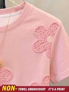 SHEIN 少女 T-shirt 女孩上衣，仿刺繡、串珠與豹紋設計，腮紅粉花卉寬鬆版型，適合學校假期夏季，可愛飄逸休閒風 - 彩色 - 查看 5