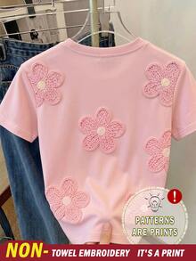 SHEIN 少女 T-shirt 女孩上衣，仿刺繡、串珠與豹紋設計，腮紅粉花卉寬鬆版型，適合學校假期夏季，可愛飄逸休閒風 - 彩色 - 查看 3
