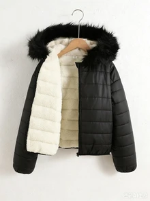 SHEIN 青少年女孩秋冬加厚休閒街頭風拼接寬鬆抓絨內裡連帽外套，大毛領外衣 - 黑色 - 查看 8