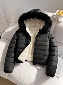 SHEIN 青少年女孩秋冬加厚休閒街頭風拼接寬鬆抓絨內裡連帽外套，大毛領外衣 - 黑色 - 查看 1