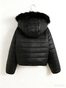SHEIN 青少年女孩秋冬加厚休閒街頭風拼接寬鬆抓絨內裡連帽外套，大毛領外衣 - 黑色 - 查看 3