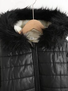 SHEIN 青少年女孩秋冬加厚休閒街頭風拼接寬鬆抓絨內裡連帽外套，大毛領外衣 - 黑色 - 查看 7