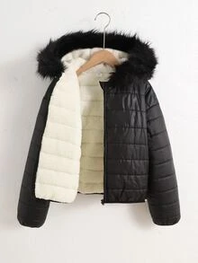 SHEIN 青少年女孩秋冬加厚休閒街頭風拼接寬鬆抓絨內裡連帽外套，大毛領外衣 - 黑色 - 查看 5