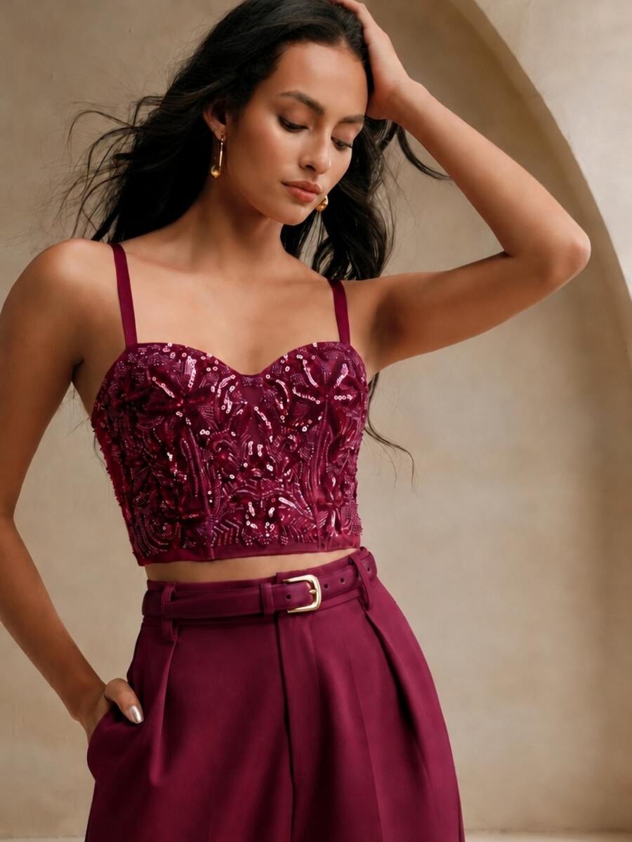 Anewsta Women's Elegant Sequin Embroidered Cup Camisole - Burgundy - View 1