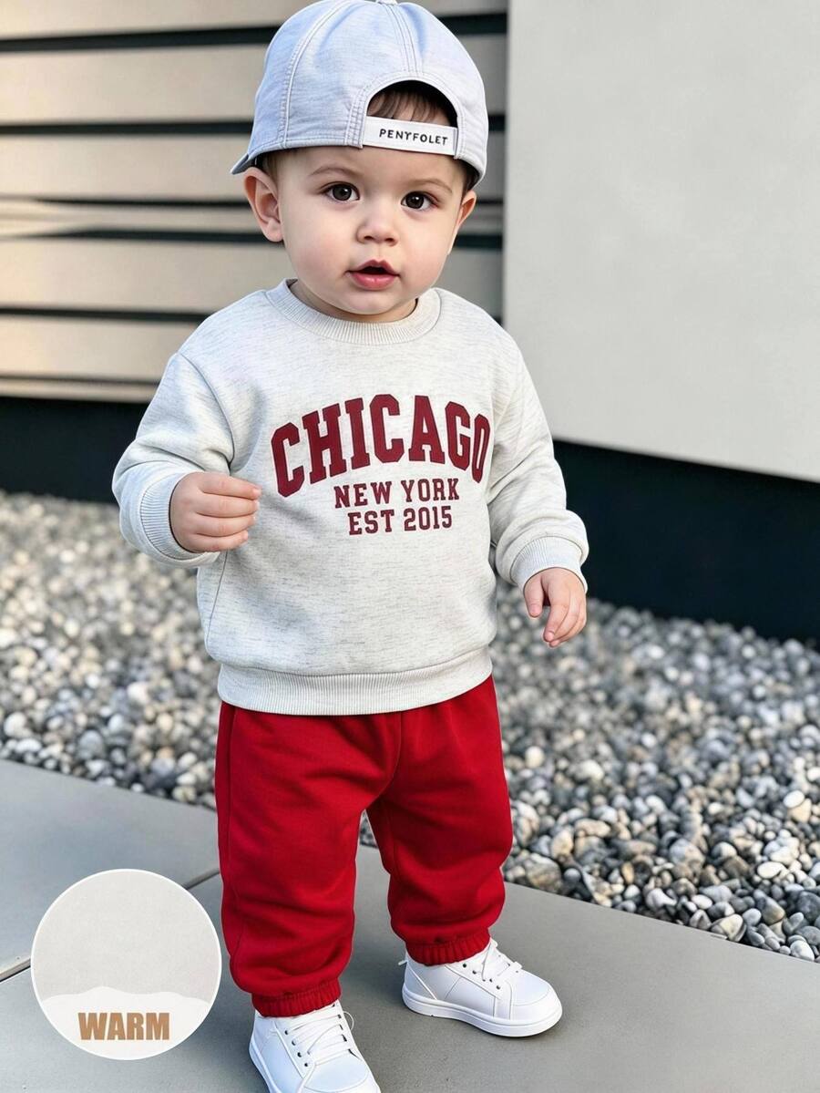 SHEIN Set Pakaian Bayi Laki-laki 2 Potong Kasual Nyaman Serbaguna dengan Motif Cetak, Kaos Lengan Panjang Kerah Bulat dan Celana Panjang untuk Musim Gugur dan Musim Dingin - MultiWarna - View 1