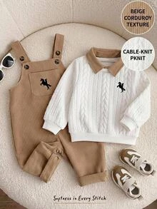 Cozy Pixies 2pcs Kids Baby Boy Casual Daily Comfortable POLO Top And Woven Jumpsuit Set - Khaki - View 8