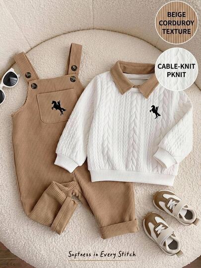 Cozy Pixies 2pcs Kids Baby Boy Casual Daily Comfortable POLO Top And Woven Jumpsuit Set