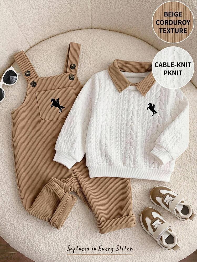 Cozy Pixies 2pcs Kids Baby Boy Casual Daily Comfortable POLO Top And Woven Jumpsuit Set - Khaki - View 1