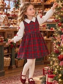 SHEIN Girls Plaid Fake Two Piece Dress Collared Long Puff Sleeve Red Bow Decor Gathered Waist A Line Skirt Preppy Style Young Girl Fall Back To School Outfit - Red - View 3