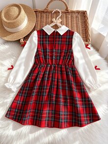 SHEIN Girls Plaid Fake Two Piece Dress Collared Long Puff Sleeve Red Bow Decor Gathered Waist A Line Skirt Preppy Style Young Girl Fall Back To School Outfit - Red - View 5