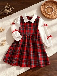 SHEIN Girls Plaid Fake Two Piece Dress Collared Long Puff Sleeve Red Bow Decor Gathered Waist A Line Skirt Preppy Style Young Girl Fall Back To School Outfit - Red - View 9