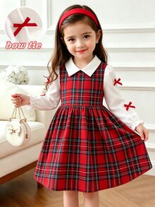 SHEIN Girls Plaid Fake Two Piece Dress Collared Long Puff Sleeve Red Bow Decor Gathered Waist A Line Skirt Preppy Style Young Girl Fall Back To School Outfit - Red - View 8