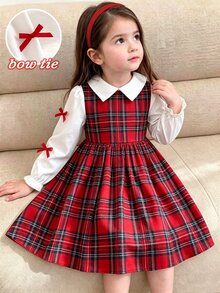 SHEIN Girls Plaid Fake Two Piece Dress Collared Long Puff Sleeve Red Bow Decor Gathered Waist A Line Skirt Preppy Style Young Girl Fall Back To School Outfit - Red - View 7