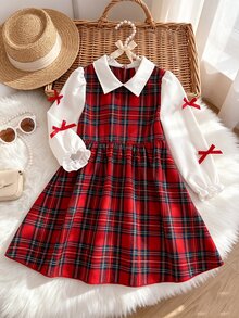 SHEIN Girls Plaid Fake Two Piece Dress Collared Long Puff Sleeve Red Bow Decor Gathered Waist A Line Skirt Preppy Style Young Girl Fall Back To School Outfit - Red - View 4