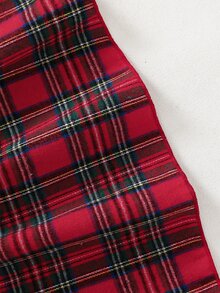 SHEIN Girls Plaid Fake Two Piece Dress Collared Long Puff Sleeve Red Bow Decor Gathered Waist A Line Skirt Preppy Style Young Girl Fall Back To School Outfit - Red - View 11