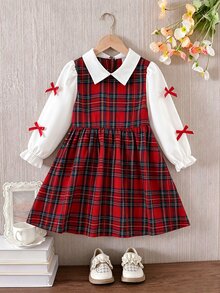 SHEIN Girls Plaid Fake Two Piece Dress Collared Long Puff Sleeve Red Bow Decor Gathered Waist A Line Skirt Preppy Style Young Girl Fall Back To School Outfit - Red - View 13
