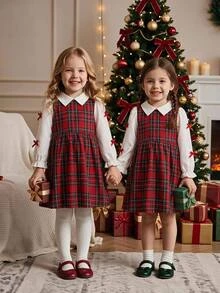 SHEIN Girls Plaid Fake Two Piece Dress Collared Long Puff Sleeve Red Bow Decor Gathered Waist A Line Skirt Preppy Style Young Girl Fall Back To School Outfit - Red - View 6