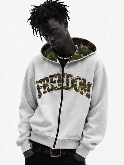 Manfinity Roghcode Men's Light Gray Linen Zip-Up Hooded Sweatshirt Jacket, Vintage Y2K Streetwear Sweatshirt, Camouflage FREEDOM Letter Print, Suitable For Coachella Music Festival, Concerts, Holiday Vacation Casual Wear