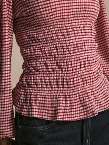 Poéselle Women's Red Plaid Top Featuring A Fitted Waist And A Ruffled Hem; An Elegant Long-Sleeved Piece, Perfect For Autumn Occasions Such As Tea Parties. - Red and White - View 7