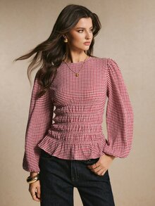 Poéselle Women's Red Plaid Top Featuring A Fitted Waist And A Ruffled Hem; An Elegant Long-Sleeved Piece, Perfect For Autumn Occasions Such As Tea Parties. - Red and White - View 5