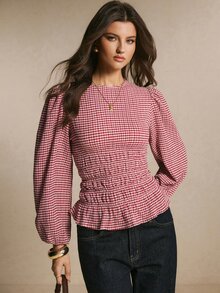 Poéselle Women's Red Plaid Top Featuring A Fitted Waist And A Ruffled Hem; An Elegant Long-Sleeved Piece, Perfect For Autumn Occasions Such As Tea Parties. - Red and White - View 6
