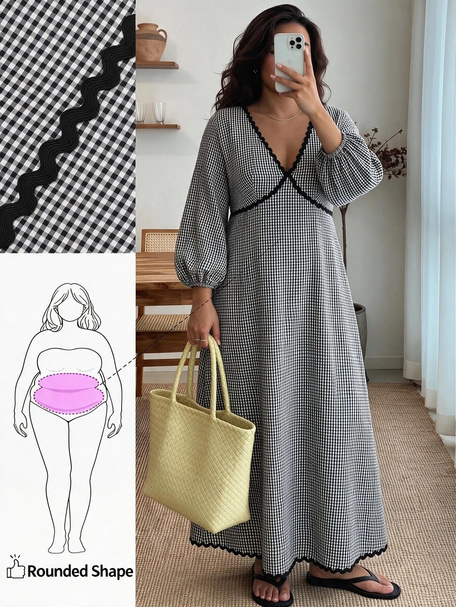 Enliva 大尺碼女款長袖格紋中長洋裝,黑白配色蘋果圖案,圓身修身秋季款 - 黑與白 - 查看 1